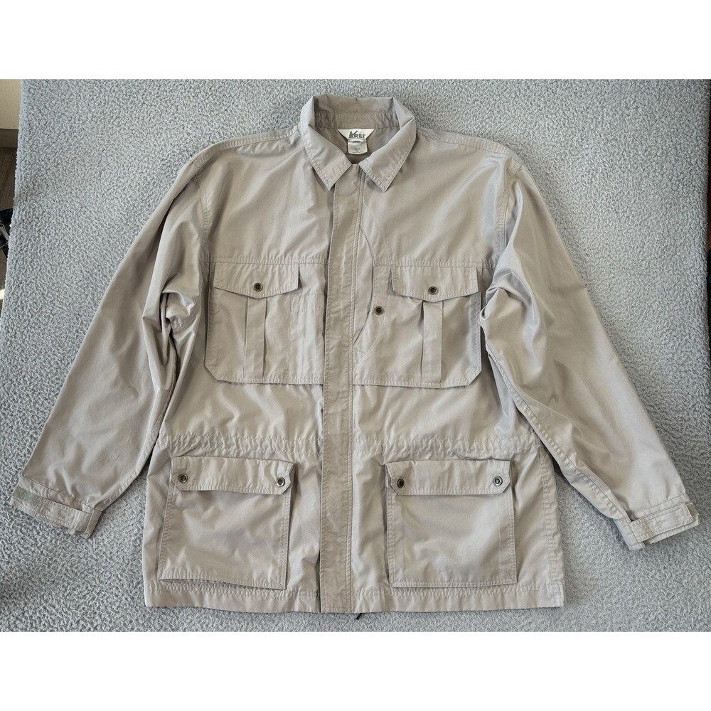 Vintage REI Half Moon Utility Jacket Mens XL Beige Pockets Safari‎ Outdoors